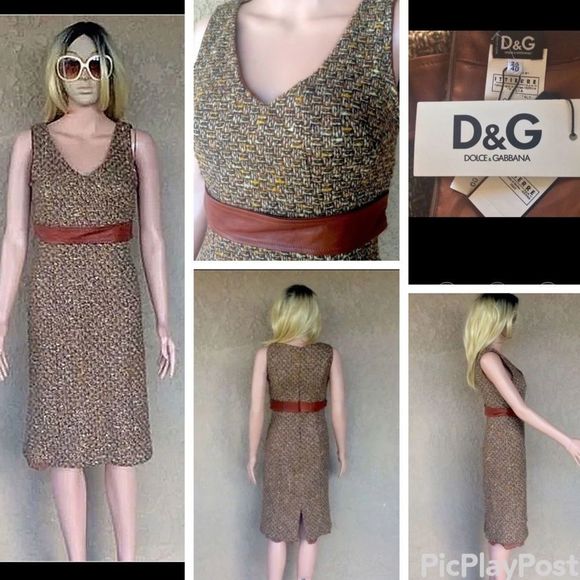 NWT Dolce & Gabbana Sz 6/8 Brown Tweed Leather Midi Designer Dress PLEASE HELP - Picture 5 of 16